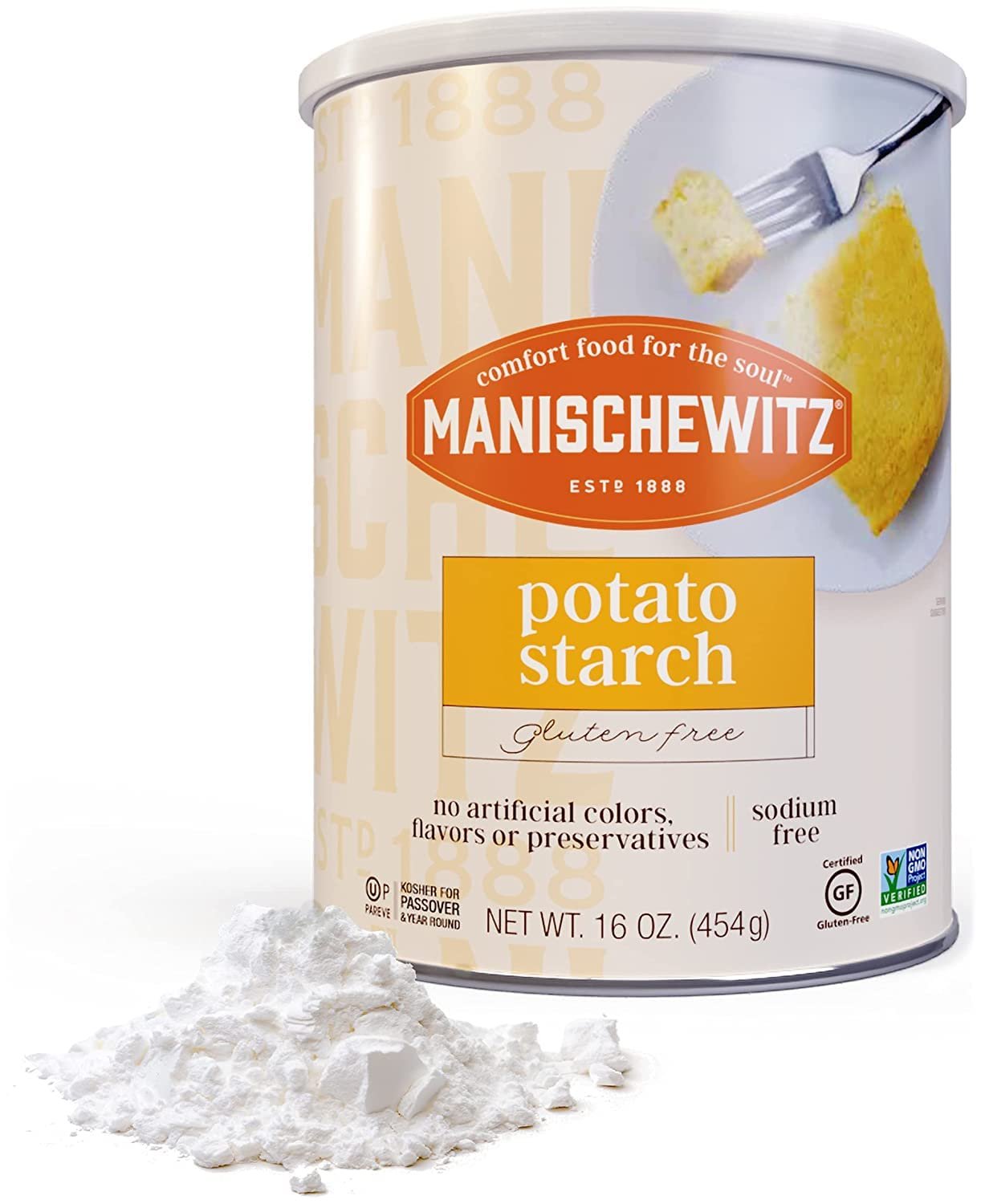 Manischewitz Pure Potato Starch, 16oz 1LB Resealable Container Gluten Free, Non GMO, Kosher