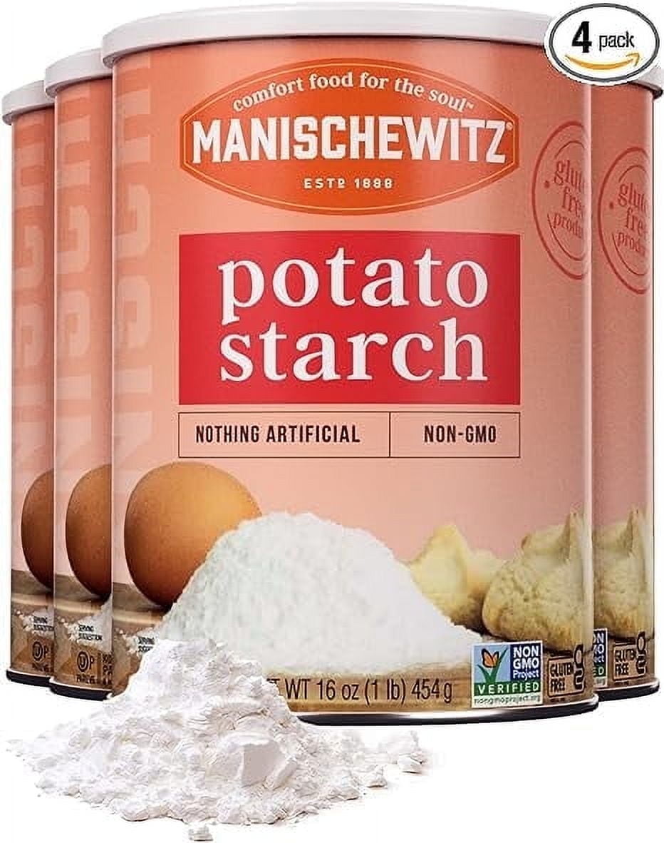 Manischewitz Pure Potato Starch, 16oz (4 Pack = 4 Pounds) | Resealable Container | Gluten Free | Non GMO | Certified Kosher (Including Passover)