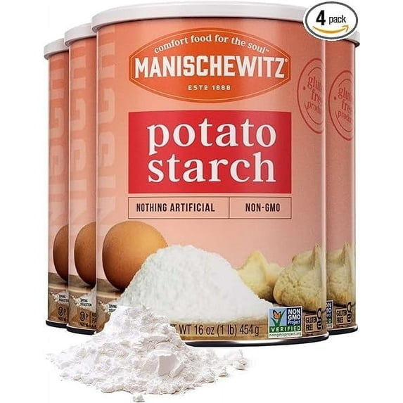 Manischewitz Pure Potato Starch, 16oz (4 Pack = 4 Pounds) | Resealable Container | Gluten Free | Non GMO | Certified Kosher (Including Passover)