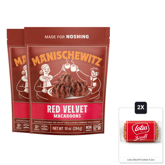 Manischewitz Red Velvet Macaroons, 10 Oz (2 Pack) | Coconut Macaroons | Resealable Bag | Dairy Free | Gluten Free Coconut Cookie | Kosher For Passover & 2x Lotus Biscoff Cookies 0.2oz