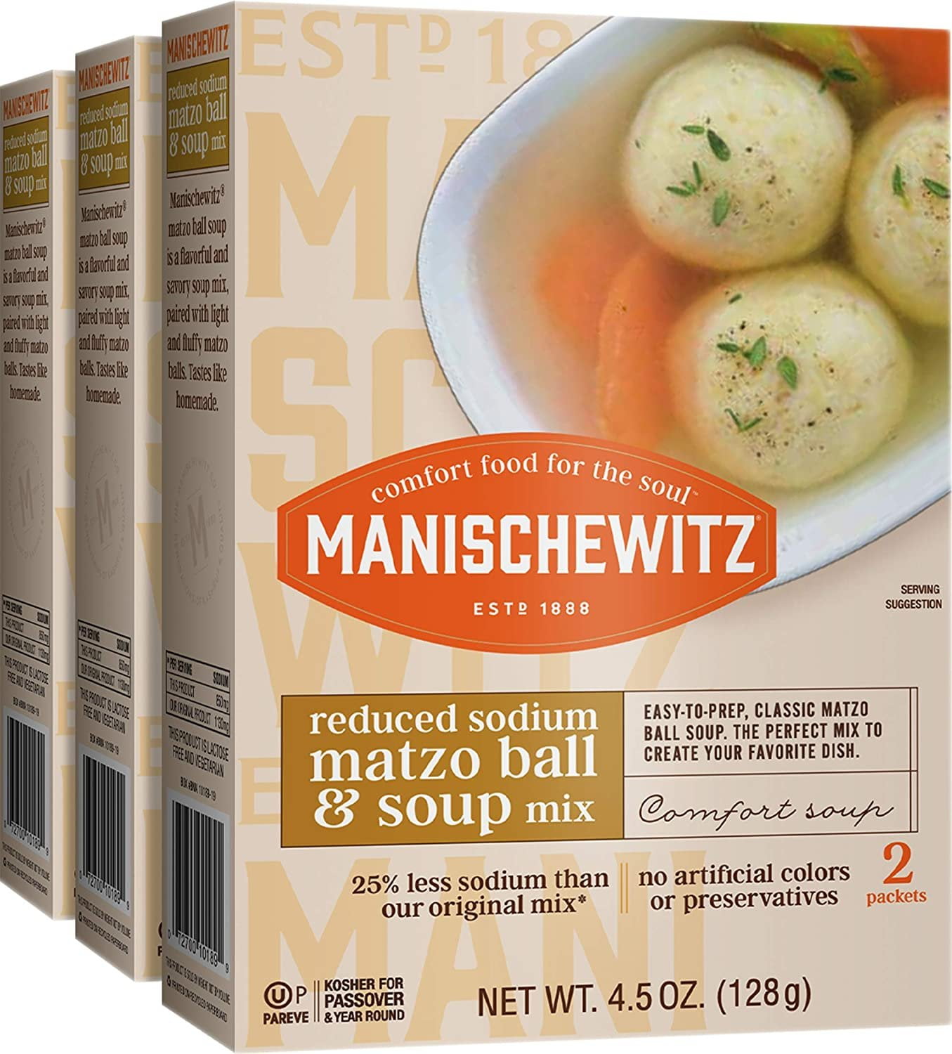 Manischewitz Reduced Sodium Matzo Ball & Soup Mix 4.5oz 3 Pack, Kosher for Passover, No