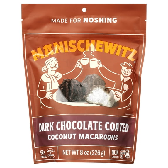 Manishewitz Mehadrin, Dark Chocolate Coated Coconut Macaroons 8oz, Resealable Bag, Dairy Free, Gluten Free, Kosher (including Passover)