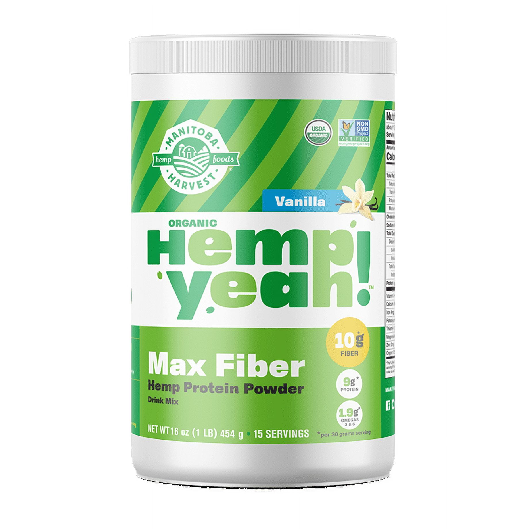 Manitoba Harvest Hemp Yeah! Max Fiber Hemp Protein Powder, Vanilla, 1.0lb, 16.0oz