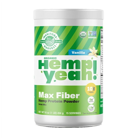 Manitoba Harvest Max Fiber Organic Protein Powder, Hemp Yeah! Hemp Protein, Vanilla, 16 oz, 1 lb