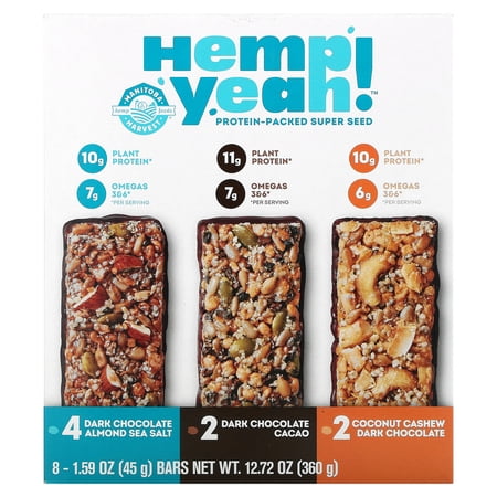 Manitoba Harvest Hemp Yeah! Protein Bar, Variety Pack, 8 Bars, 1.59 oz (45 g) Each