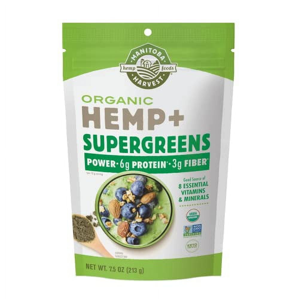 Manitoba Harvest Organic Hemp & Supergreens Powder, 7.5 oz  Green Superfood Powder with 6g of Protein, 3g of Fiber per serving  Vegan, Non-GMO Project Verified - 8 Essential Vitamins &
