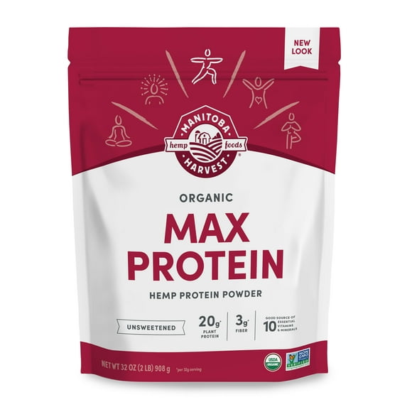 Manitoba Harvest Organic Max Protein Powder, Hemp Yeah! Hemp Protein Powder Unsweetened, 32 oz, 2 lb