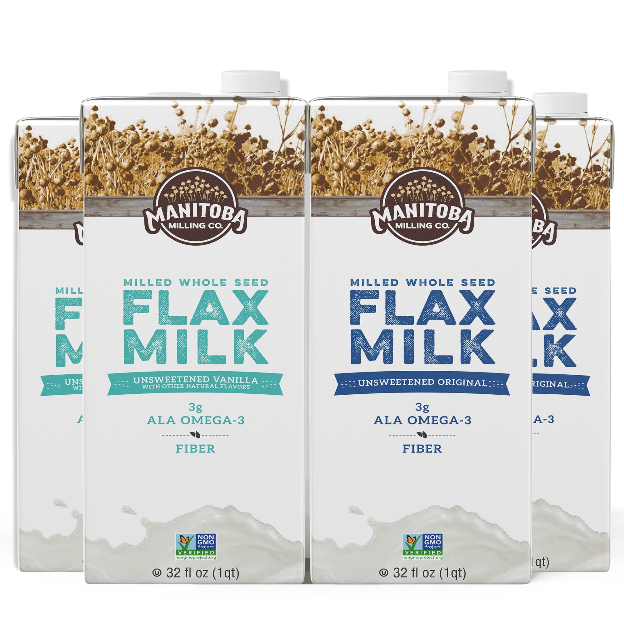 Manitoba Milling Company | Unsweetened Flax Milk, 32 Ounce (2 pk Original, 2pk Vanilla), Plant-Based Non-Dairy Milk Alternative with Omega-3, 4 g Protein, Fiber, Lignans | Shelf Stable