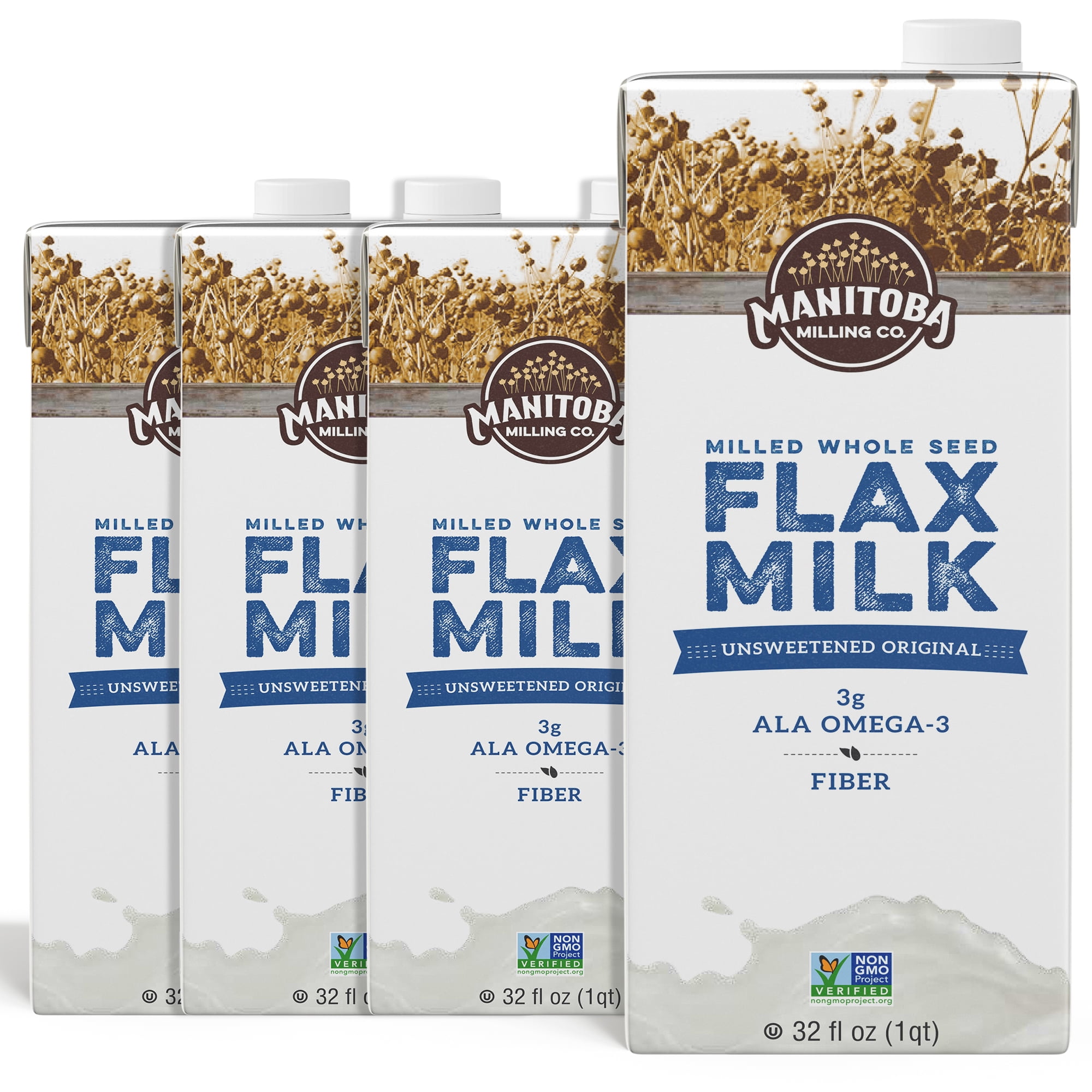Manitoba Milling Company | Unsweetened Flax Milk, 32 Ounce (Original) 4pk, Plant-Based Non-Dairy Milk Alternative with Omega-3, 4 g Protein, Fiber, Lignans | Shelf Stable