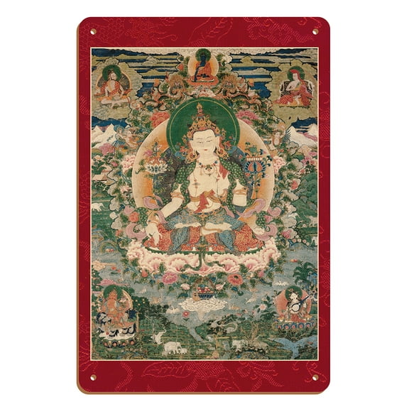 Manjushri - Gentle Glory - Bodhisattva of Wisdom - Vintage Tibetan Thangka Buddhist Painting - Tibet, 13th Century - 8 x 12 inch Vintage Wood Art Sign