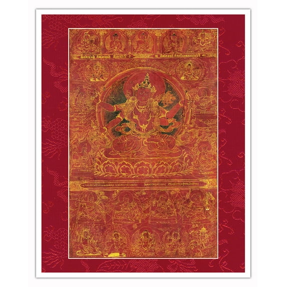Manjushri Namasangiti - Four-Armed Bodhisattva - Buddhist Tantric Deity - Vintage Tibetan Thangka Buddhist Painting - Tibet, 19th Century - Fine Art Matte Paper Print (Unframed) 16x20in