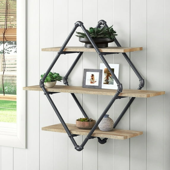 Mankato Oak and Sandy Black 3-Tier Wall Shelf