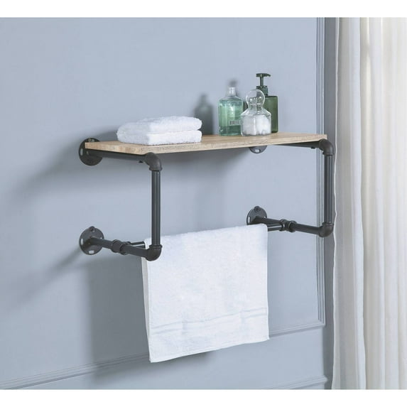 Mankato Oak and Sandy Grey Wall Rack with Shelf Industrial Style Storage for Bathroom or Kitchen