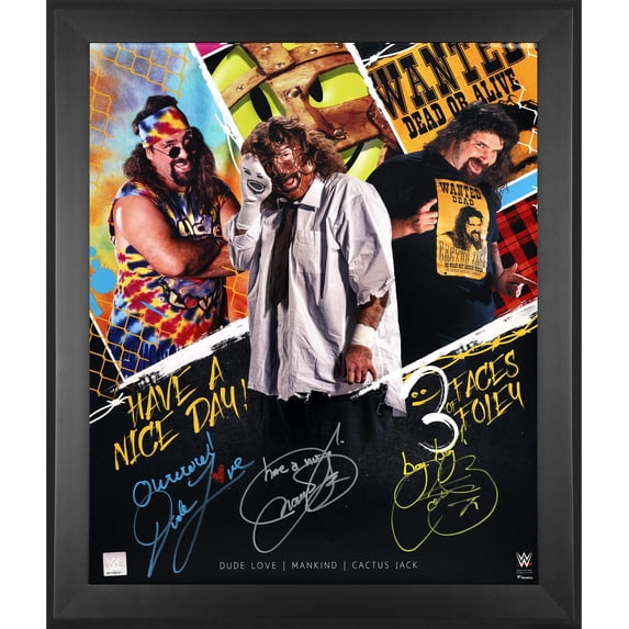 Mankind, Dude Love & Cactus Jack WWE Framed Autographed 20" x 24" Three Faces of Foley Stylized Photograph with Multiple Inscriptions - Fanatics Authentic Certified