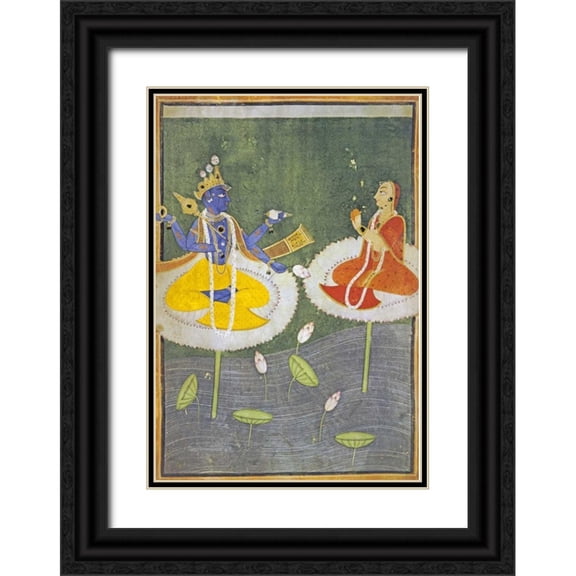 Mankot 23x32 Black Ornate Wood Framed with Double Matting Museum Art Print Titled - Krishna and Tadha Enthroned