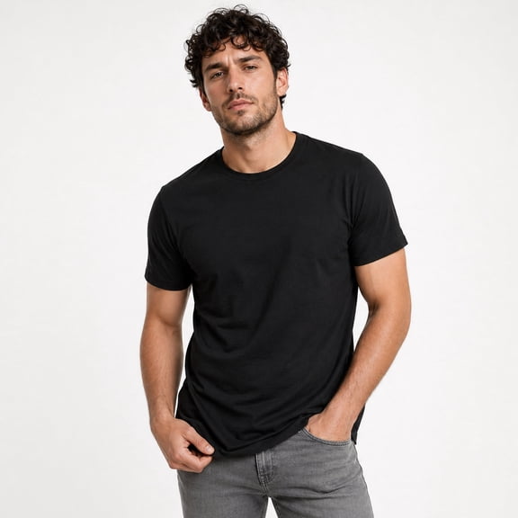 MANLINO Men's Pure Cotton Crew Neck T-Shirt, Short Sleeve, Bio-Washed, Stretchable, Breathable, Classic Fit, Black