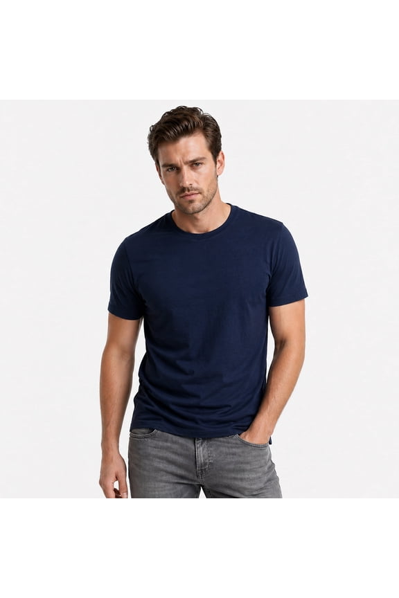 Men's Pure Cotton Crew Neck T-Shirt, Short Sleeve, Bio-Washed, Stretchable, Breathable, Classic Fit,Navy