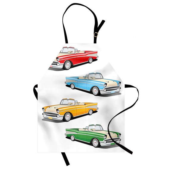Manly Apron Collection of Four Classic Car Roadsters Old Fashioned Transportation Illustration, Unisex Kitchen Bib Apron with Adjustable Neck for Cooking Baking Gardening, Multicolor, by Ambesonne