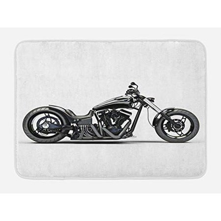Manly Bath Mat, Motorcycle Horsepower Adventurous Journey Freedom Ride Masculine Vehicle, Plush Bathroom Decor Mat With Non Slip Backing, 29.5" X 17.5", Black White