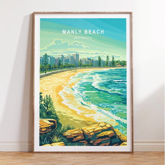 Manly Beach Australia Coastal Surf Print, Unframed Paper Print Size 12x18