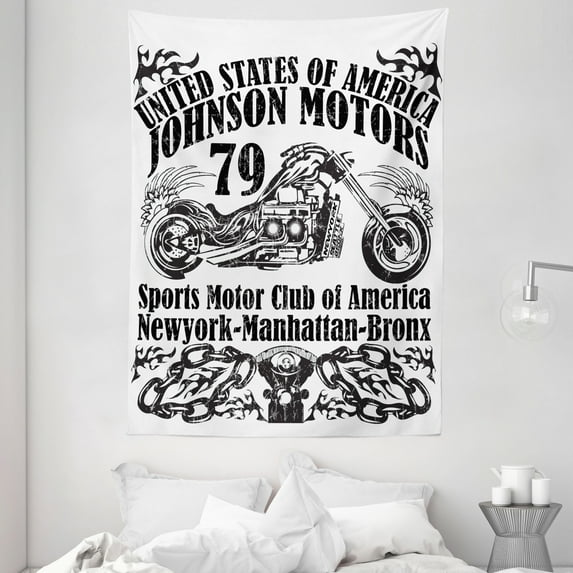 Manly Decor Wall Hanging Tapestry, USA Johnson motors sports motor club new york historic past sketch artwork, Bedroom Living Room Dorm Accessories, 60 X 80 Inches, by Ambesonne