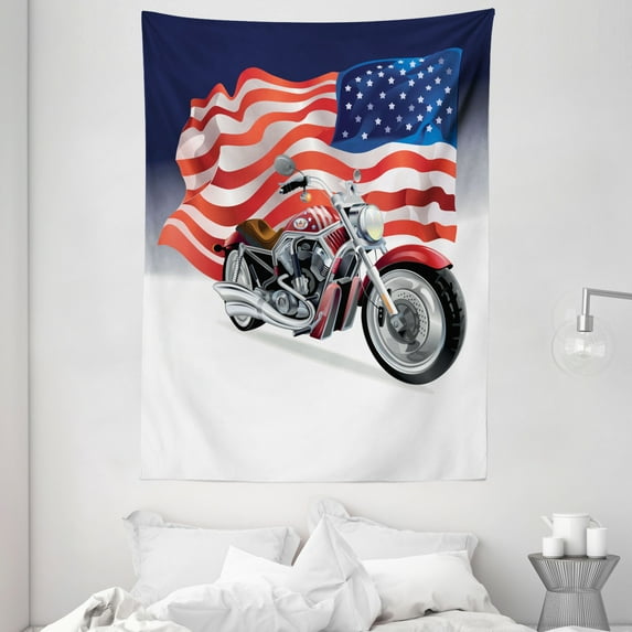 Manly Decor Wall Hanging Tapestry, motorbike and US Flag sporty auto shows motorcyclist powerful vehicles, Bedroom Living Room Dorm Accessories, 60 X 80 Inches, by Ambesonne