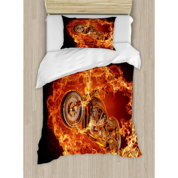 Manly Duvet Cover Set Twin Size, Chopper Bike Bursting Through Fire Motorbike Motorcycle Dangerous Sport Art, Decorative 2 Piece Bedding Set with 1 Pillow Sham, Dark Orange Marigold, by Ambesonne