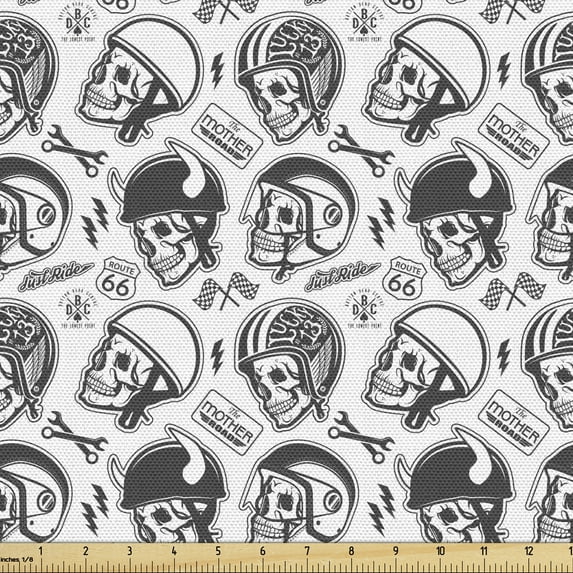 Ambesonne Black White Fabric by the Yard Upholstery, Rider Skull Pattern, 2 Yards, Charcoal Grey White