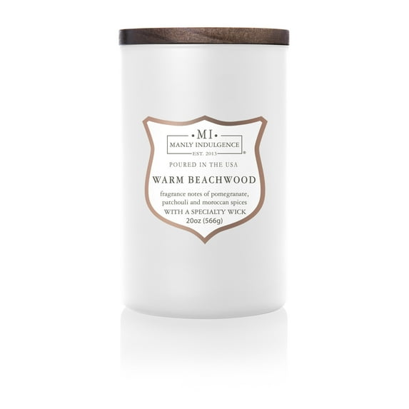 Manly Indulgence Warm Beachwood 20 oz Jar Candle, Wood Wick, White