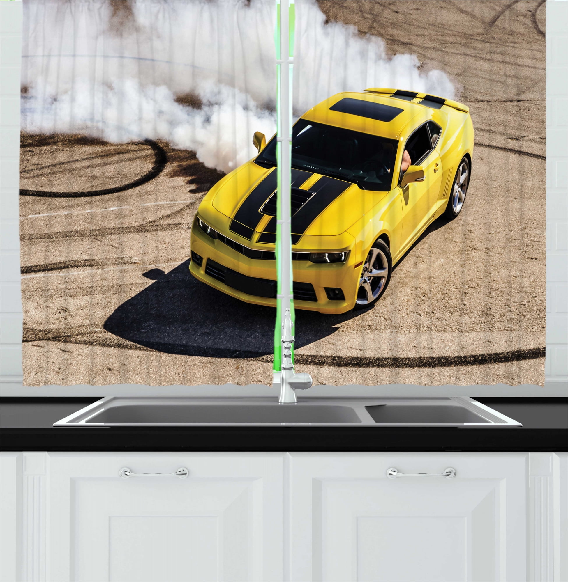 Manly Kitchen Curtains, Yellow Sports Car Drifting Photography Smoke