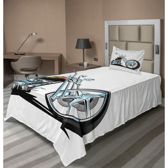 Ambesonne Manly Fitted & Top Sheet Set with Sham, American Motorcycle Sport, White Pale Blue Grey
