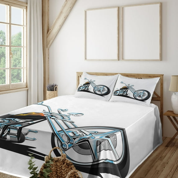 Ambesonne Manly Fitted & Top Sheet Set with Shams, American Motorcycle Sport, White Pale Blue Grey