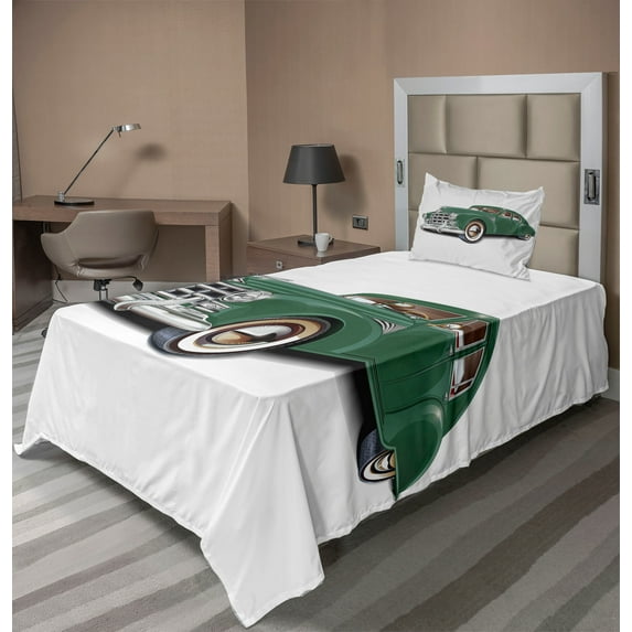 Ambesonne Retro Fitted & Top Sheet Set with Sham, Nostalgic Vintage Car Print, Forest Green and White