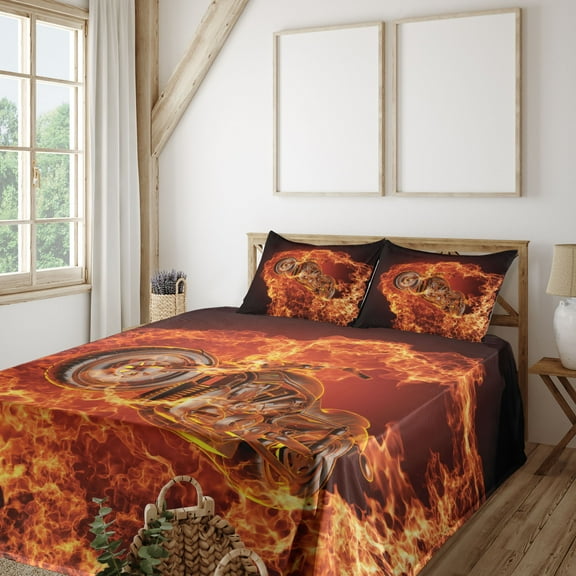 Ambesonne Black Orange Fitted & Top Sheet Set with Shams, Dangerous Motorbike, Dark Orange Marigold