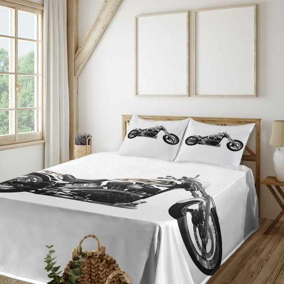 Ambesonne Hipster Fitted & Top Sheet Set with Shams, Motorbike Power Ride, Black White Grey