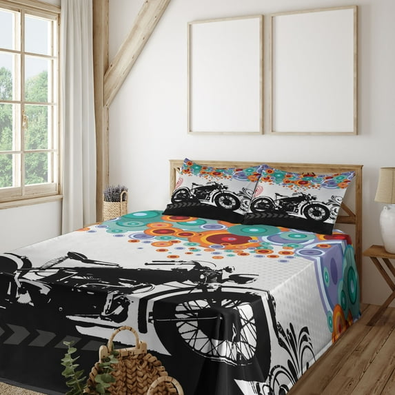 Ambesonne Colorful Fitted & Top Sheet Set with Shams, Urban Abstract Circles, Multicolor