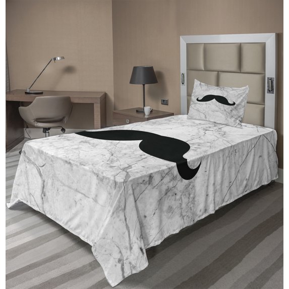 Ambesonne Manly Fitted & Top Sheet Set with Sham, Mustache Motif Retro, Grey Black White