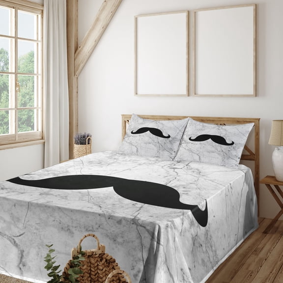 Ambesonne Manly Fitted & Top Sheet Set with Shams, Mustache Motif Retro, Grey Black White