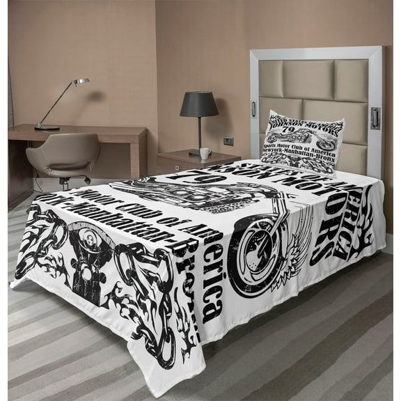 Ambesonne Sketchy Fitted & Top Sheet Set with Sham, Old Racer Motorcycle, Black White