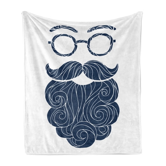 Manly Soft Flannel Fleece Blanket, Hand Drawn Sketch of Hipster Style Long Beard Mustache with Round Glasses, Cozy Plush for Indoor and Outdoor Use, 50" x 60", Dark Petrol Blue White, by Ambesonne