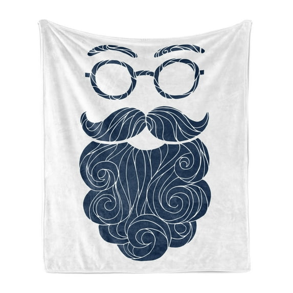 Manly Soft Flannel Fleece Blanket, Hand Drawn Sketch of Hipster Style Long Beard Mustache with Round Glasses, Cozy Plush for Indoor and Outdoor Use, 50" x 70", Dark Petrol Blue White, by Ambesonne
