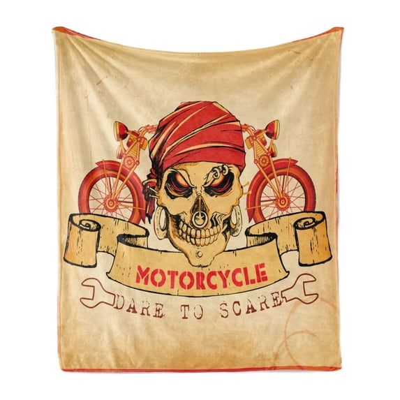 Manly Soft Flannel Fleece Blanket, Illustration of Skull Classics Motorcycle Dare to Scare Spooky Dangerous Race, Cozy Plush for Indoor and Outdoor Use, 60" x 80", Orange Sand Brown, by Ambesonne