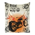 thumbnail image 1 of Manly Soft Flannel Fleece Blanket, Motorcycle Image with Ride Your Way Text Peace Sign Freedom Action Freestyle, Cozy Plush for Indoor and Outdoor Use, 60" x 80", Black Orange Cream, by Ambesonne, 1 of 5