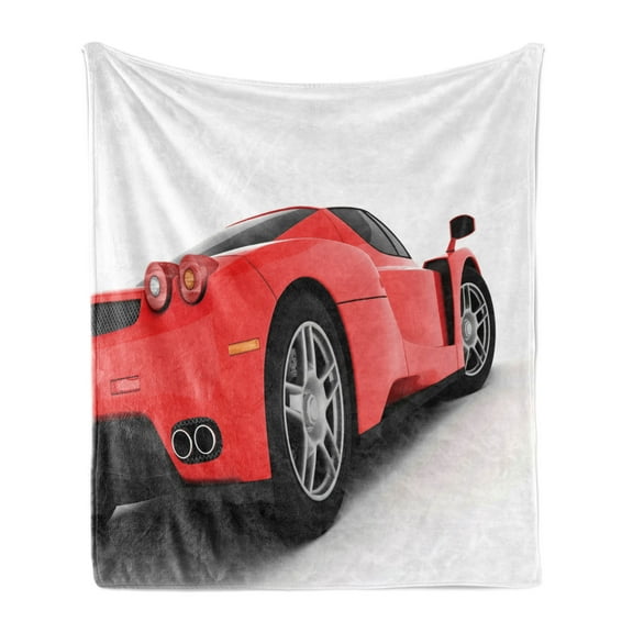 Manly Soft Flannel Fleece Blanket, Red Super Sports Car Lifestyle Automobile Transport Modern Urban City Life Theme, Cozy Plush for Indoor and Outdoor Use, 70" x 90", Red White Black, by Ambesonne