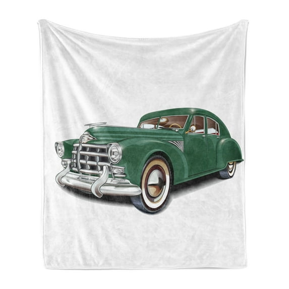 Manly Soft Flannel Fleece Throw Blanket, Antique Automotive Old Model Nostalgia Historic Retro Car Illustration, Cozy Plush for Indoor and Outdoor Use, 50" x 60", Forest Green White, by Ambesonne