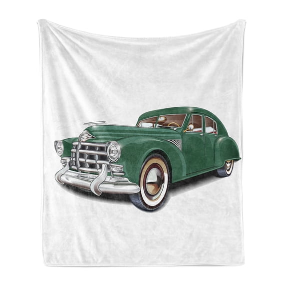 Manly Soft Flannel Fleece Throw Blanket, Antique Automotive Old Model Nostalgia Historic Retro Car Illustration, Cozy Plush for Indoor and Outdoor Use, 60" x 80", Forest Green White, by Ambesonne