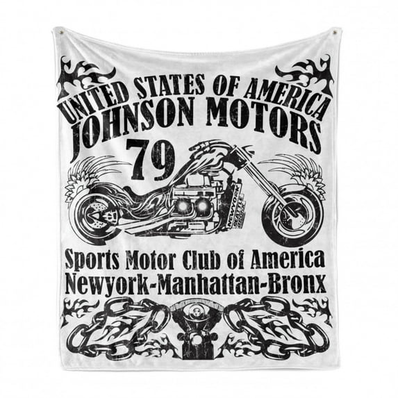 Manly Soft Flannel Fleece Throw Blanket, USA Johnson Motorsports Club in New York Historic Past Sketch Monochrome Artwork, Cozy Plush for Indoor and Outdoor Use, 50" x 70", Black White, by Ambesonne