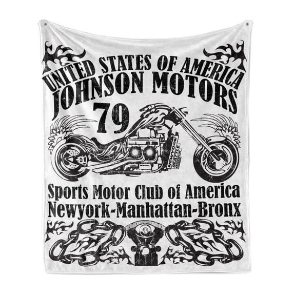 Manly Soft Flannel Fleece Throw Blanket, USA Johnson Motorsports Club in New York Historic Past Sketch Monochrome Artwork, Cozy Plush for Indoor and Outdoor Use, 70" x 90", Black White, by Ambesonne