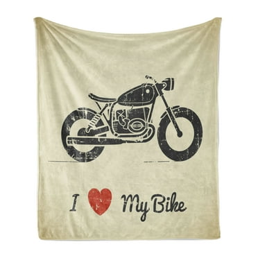 Manly Soft Flannel Fleece Throw Blanket, Vintage Grunge Flat Looking Motorcycle and I Love My Bike Text Silhouette, Cozy Plush for Indoor and Outdoor Use, 60" x 80", Charcoal Grey Khaki, by Ambesonne