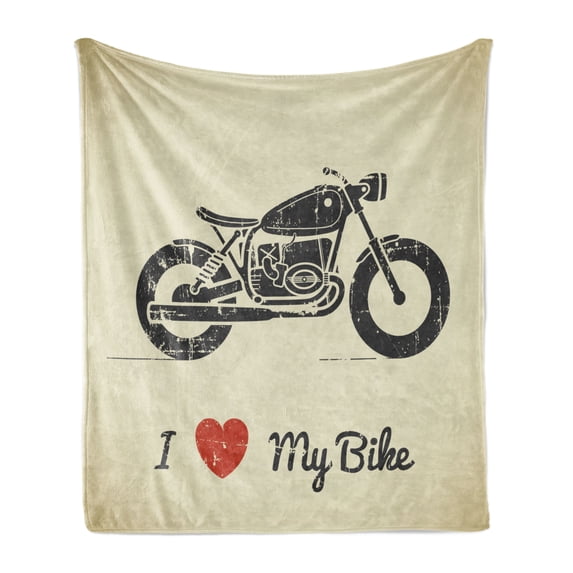 Manly Soft Flannel Fleece Throw Blanket, Vintage Grunge Flat Looking Motorcycle and I Love My Bike Text Silhouette, Cozy Plush for Indoor and Outdoor Use, 70" x 90", Charcoal Grey Khaki, by Ambesonne